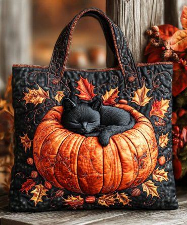 Pumpkin Cat Nap Quilted Tote Bag