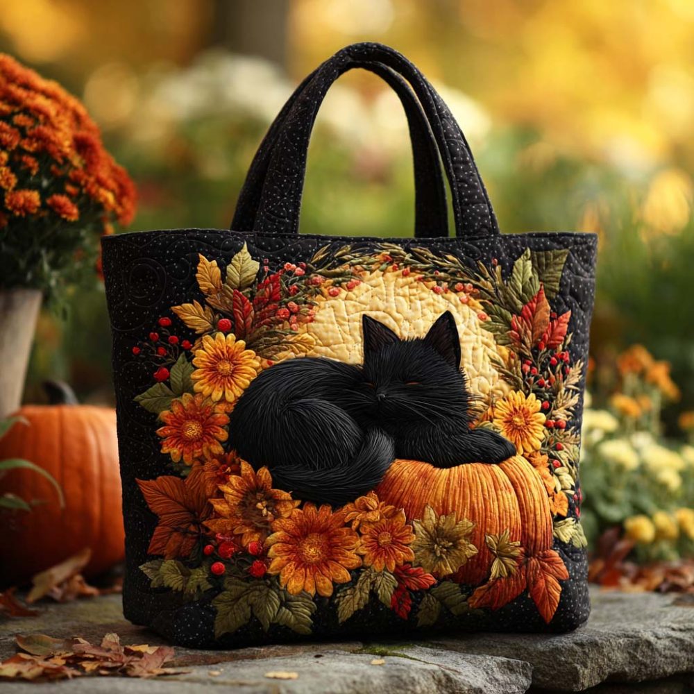 Pumpkin Patch Cat Quilted Tote Bag