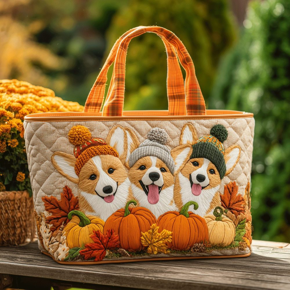 Pumpkin Patch Corgis Quilted Tote Bag