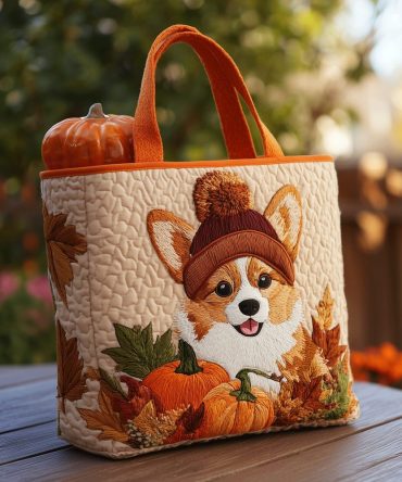 Pumpkin Spice Corgi Quilted Tote Bag