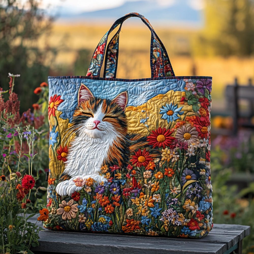 Purr Meadow Quilted Tote Bag