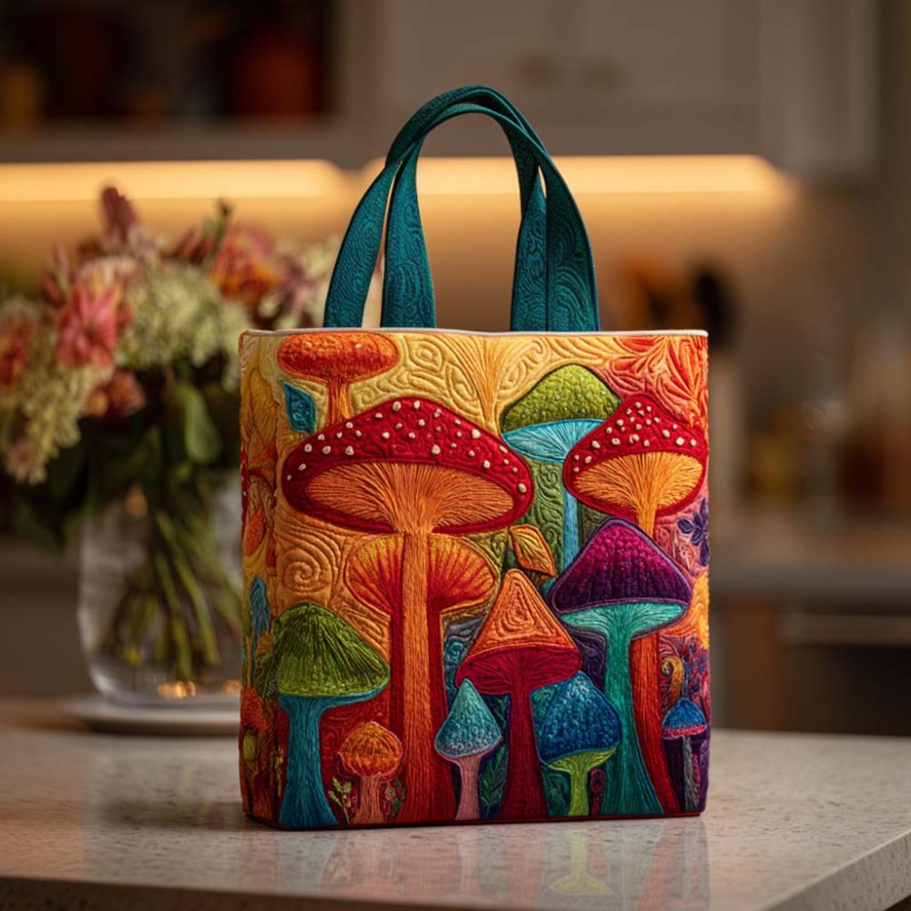 Rainbow Shrooms Quilted Tote Bag