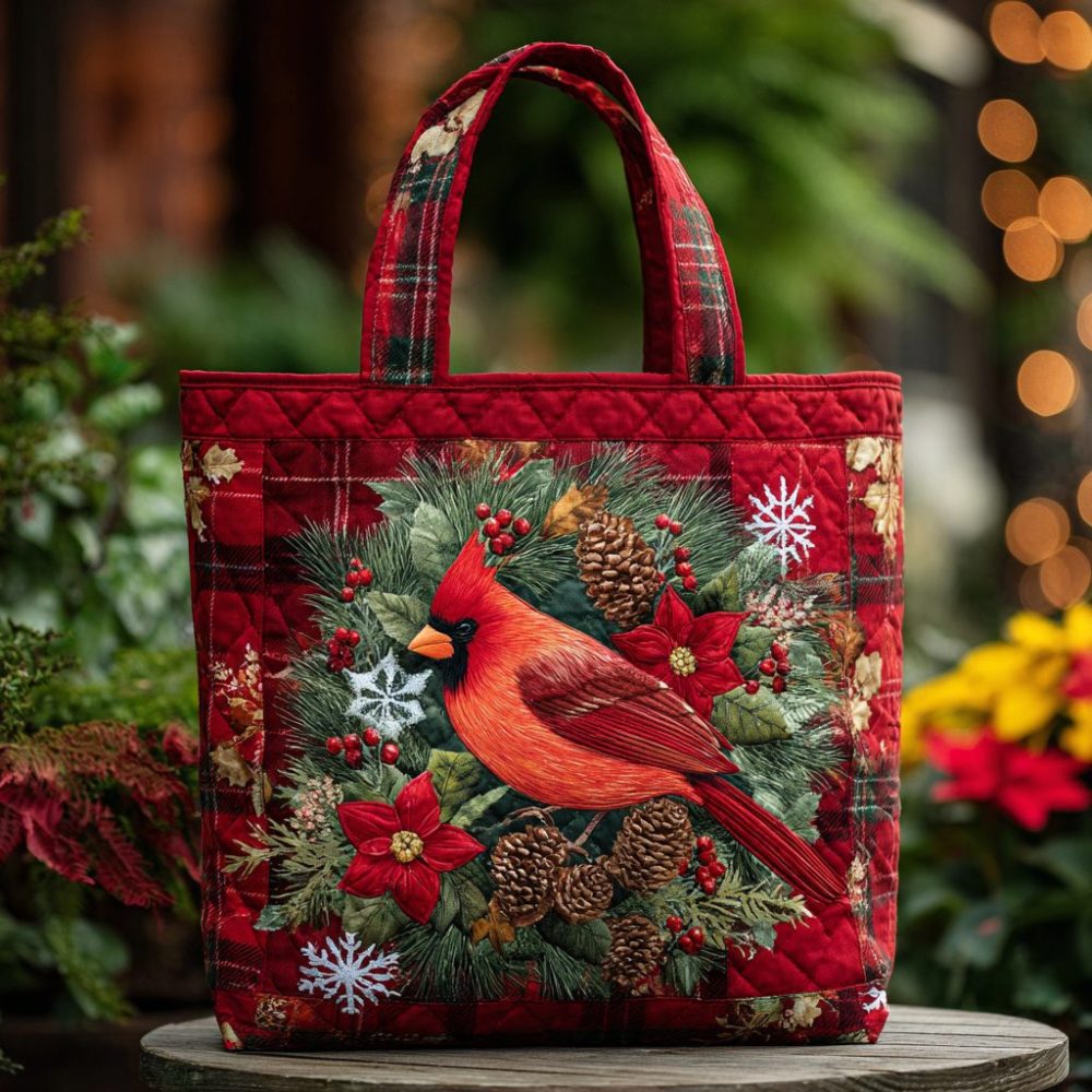 Red Songbird Quilted Tote Bag