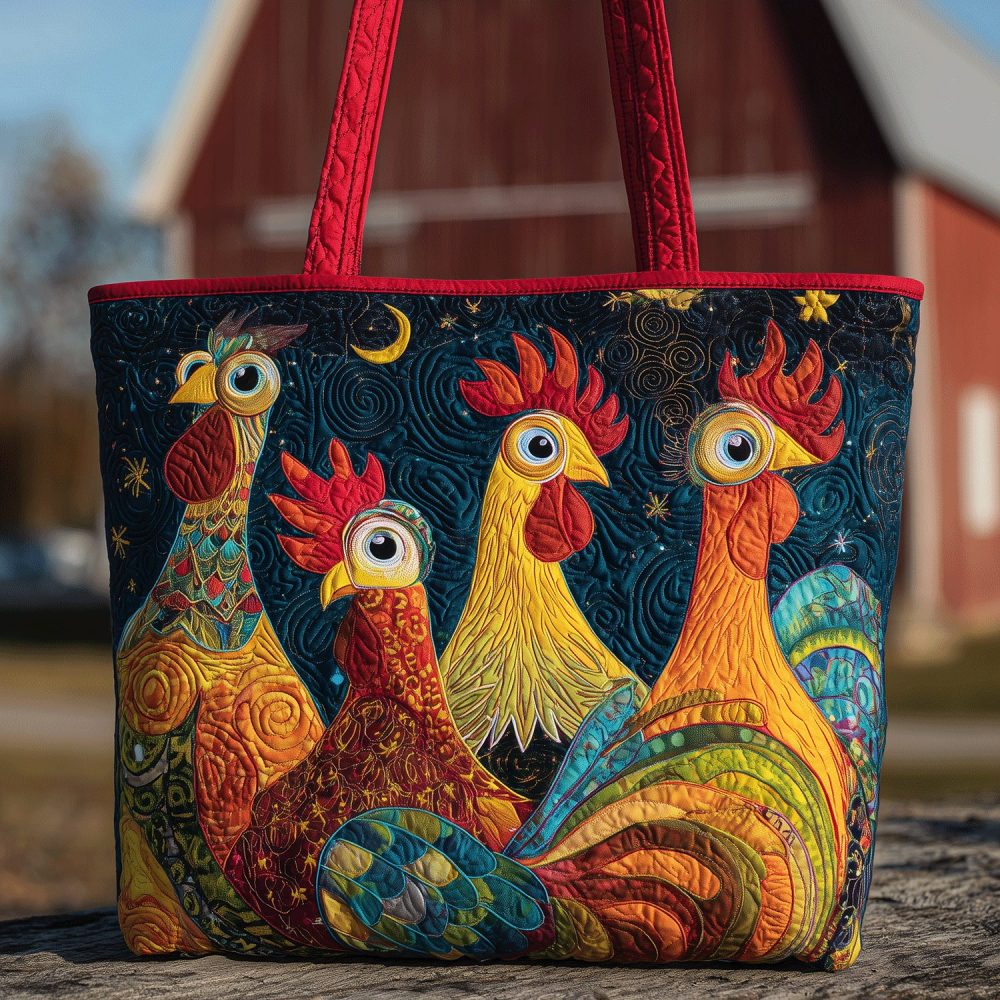 Rooster Gathering Quilted Tote Bag