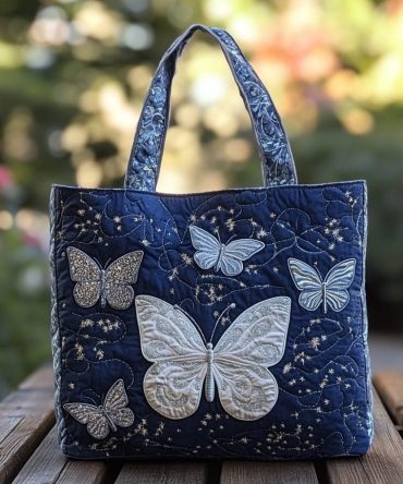 Silver Butterfly Quilted Tote Bag