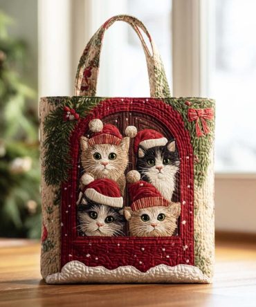 Sleigh Cat Quilted Tote Bag
