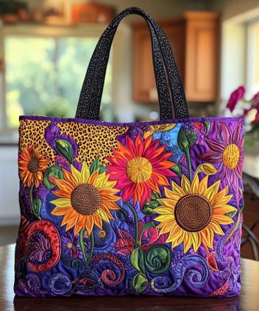 Smiling Sunflower Walk Quilted Tote Bag