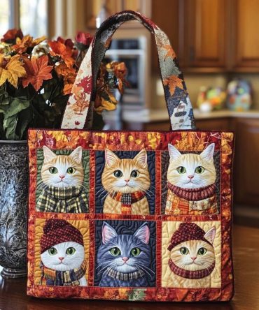 Snug Autumn Cat Quilted Tote Bag