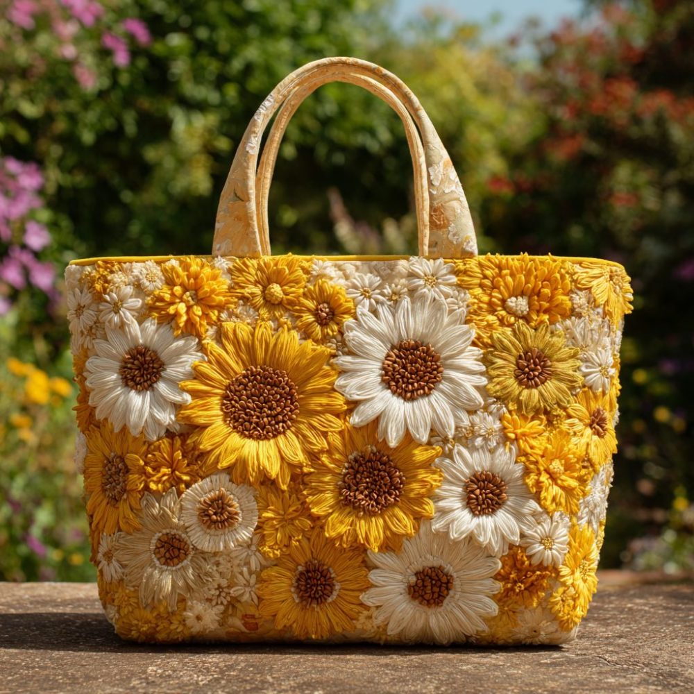 Sunflower Burst Quilted Tote Bag