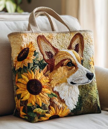 Sunflower Corgi Quilted Tote Bag