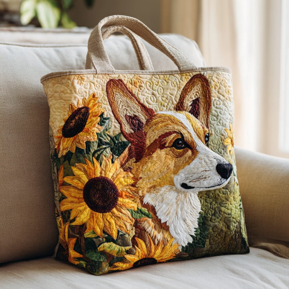 Sunflower Corgi Quilted Tote Bag