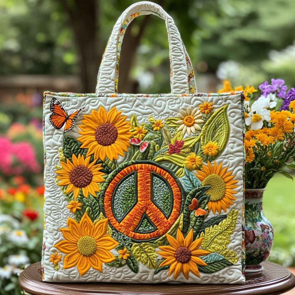 Sunflower Peace Patch Quilted Tote Bag