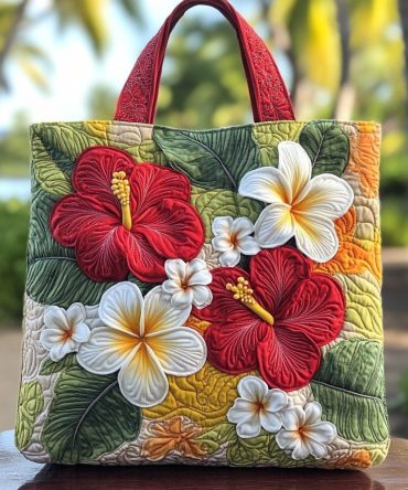 Sunset Hibiscus Quilted Tote Bag