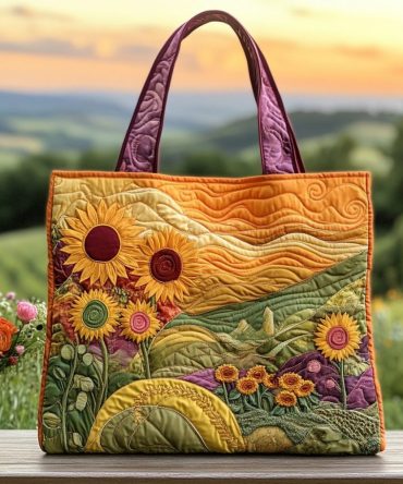 Sunset Meadow Bloom Quilted Tote Bag