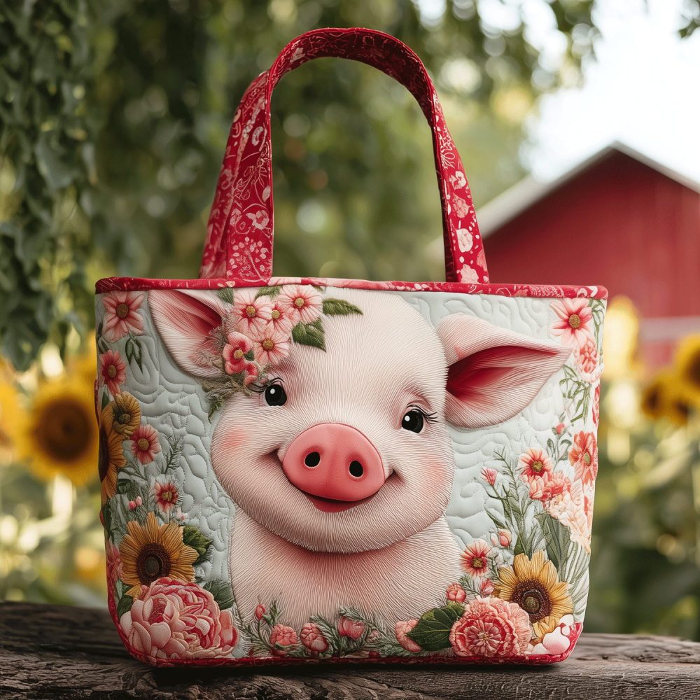Sunshine Pig Smile Quilted Tote Bag