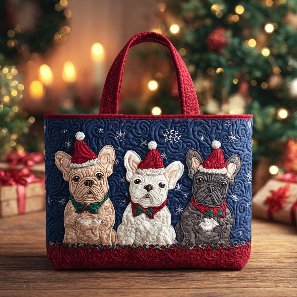 Tiny Santa Pups Quilted Tote Bag