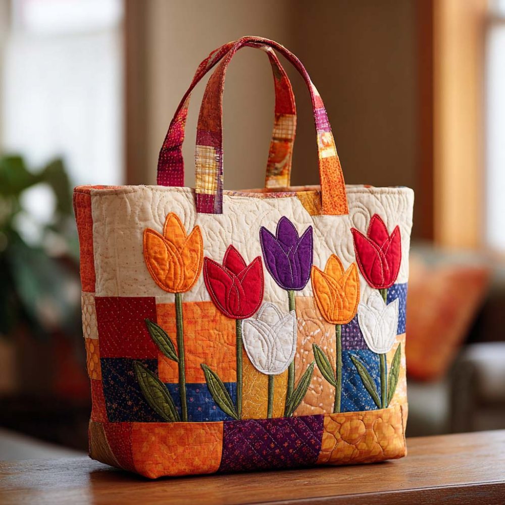 Tulip Meadow View Quilted Tote Bag