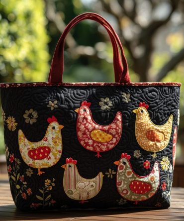 Vintage Hen Parade Quilted Tote Bag