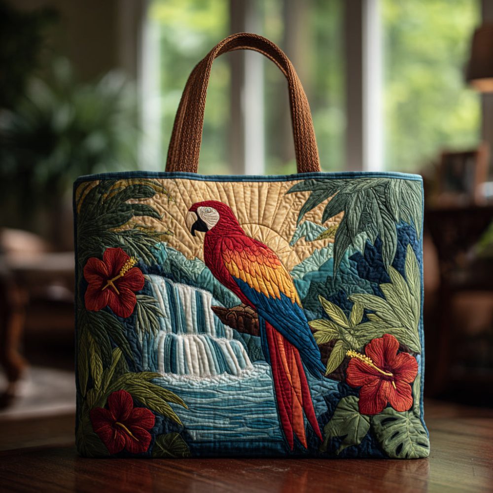 Waterfall Parrot Scene Quilted Tote Bag