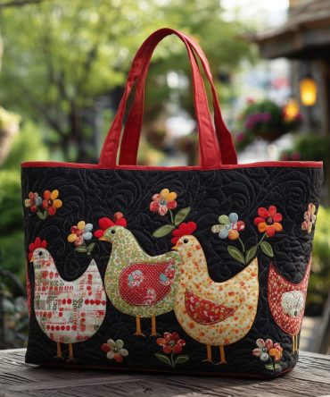 Whimsical Hens Quilted Tote Bag