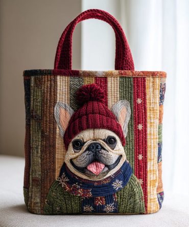 Winter Bulldog Quilted Tote Bag