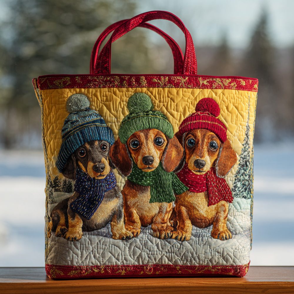 Winter Dachshund Trio Quilted Tote Bag