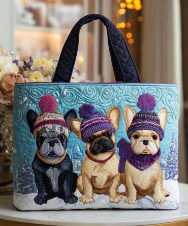 Winter French Bulldog Quilted Tote Bag
