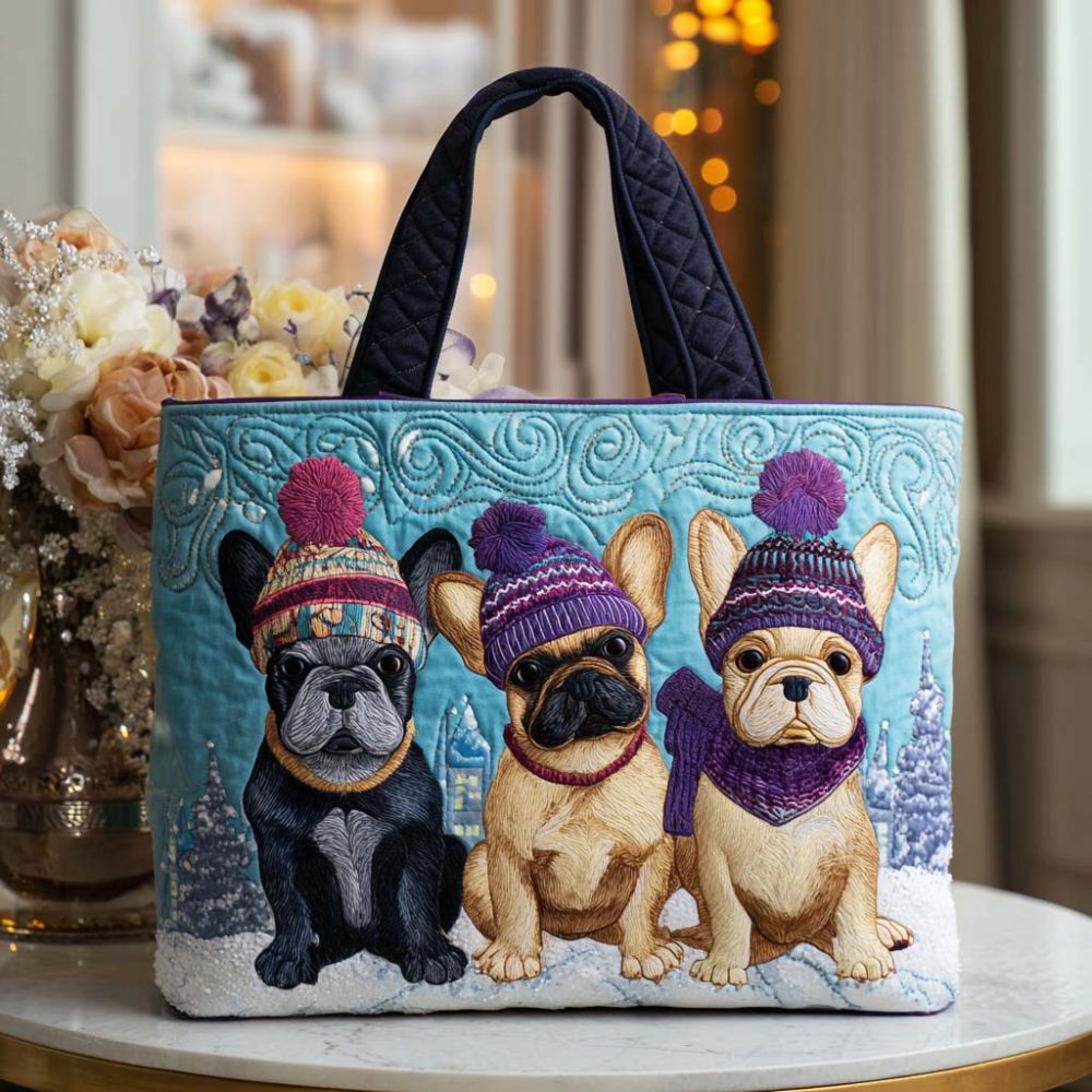 Winter French Bulldog Quilted Tote Bag