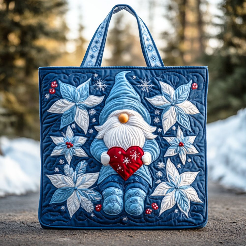 Winter Heart Gnome Quilted Tote Bag